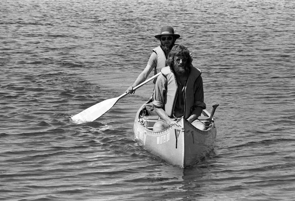 Rolf Hagberg and Dennis Caneff arrive in St. Cloud during their trip down the Mississippi River, St. Cloud State University, June 1975