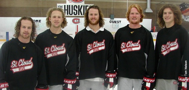 Husky Hockey players Dave Morley, Tim Daly, Nick Jensen, Cory Thorson and Nic Dowd are growing their hair for Locks of Love. Photo Courtesy of Husky Athletics