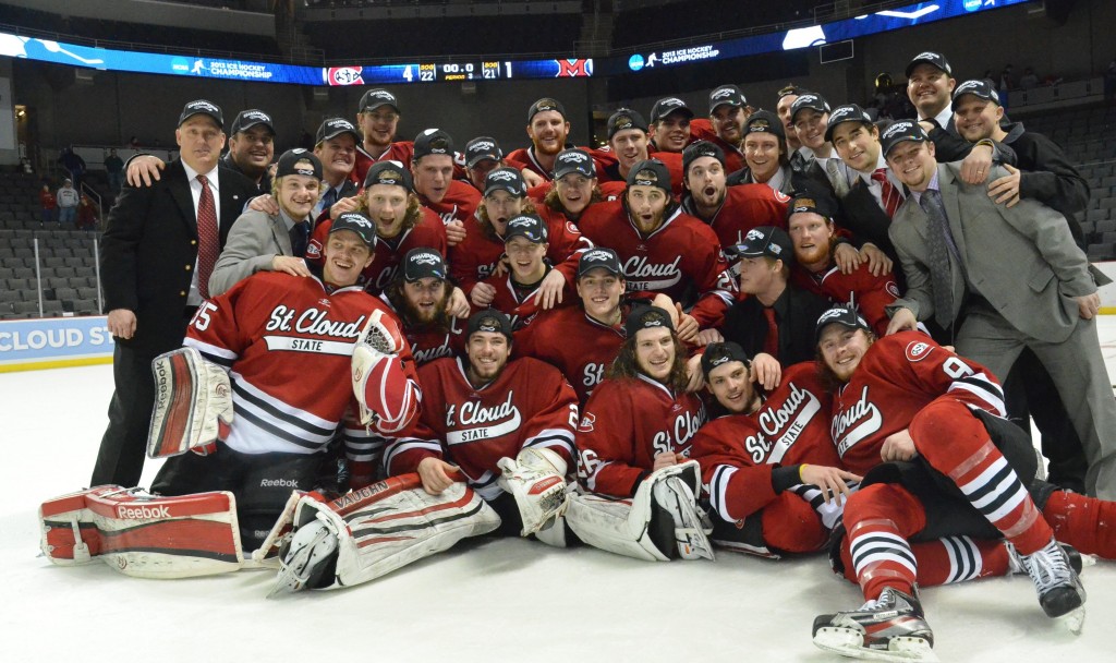 St. Cloud State Huskies celebrate their NCAA win landing them in the Frozen Four. Photo by Tom Nelson for University Communications