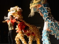 A dancer stands with her arms outstreached in front of the lion dancers who lift up the lion heads