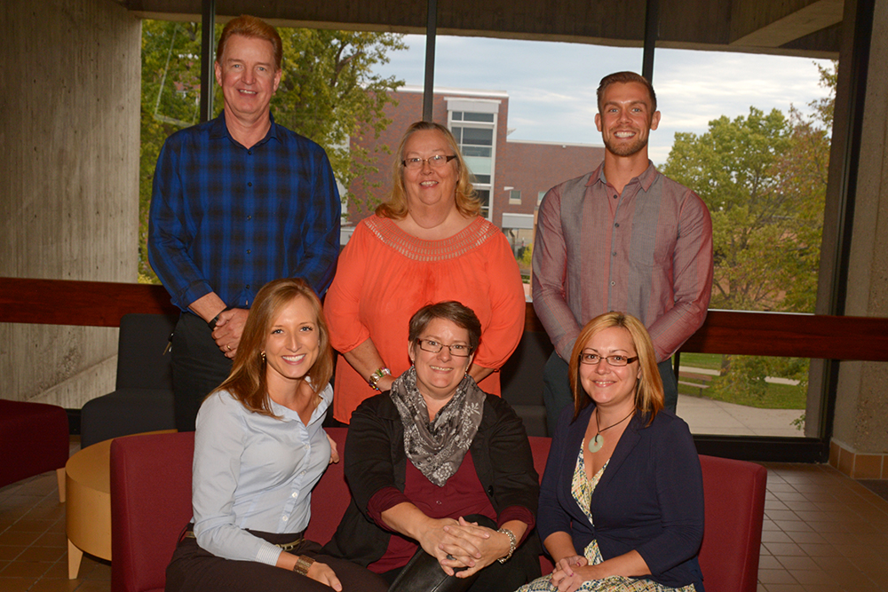 A team of professors, staff members and graduate students participated in writing the grant for the $1 million Rehabilitation Long-Term Training grant including: back row, Bradley Kuhlman, left, Barbara Vesely and Peter Eischens. Front row, Rachel Briant, left, principal investigator Amy Knopf and Carrie Barth. Not pictured: Mary Tacker. 