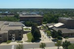 Campus is seen from Sherburne Hall with a view of Atwood, Centennial and the Performing Arts Center.