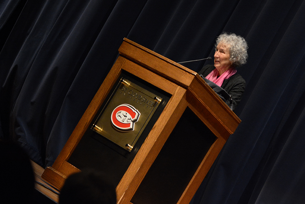 Margaret Atwood stands at the Ritsche Auditorium podium