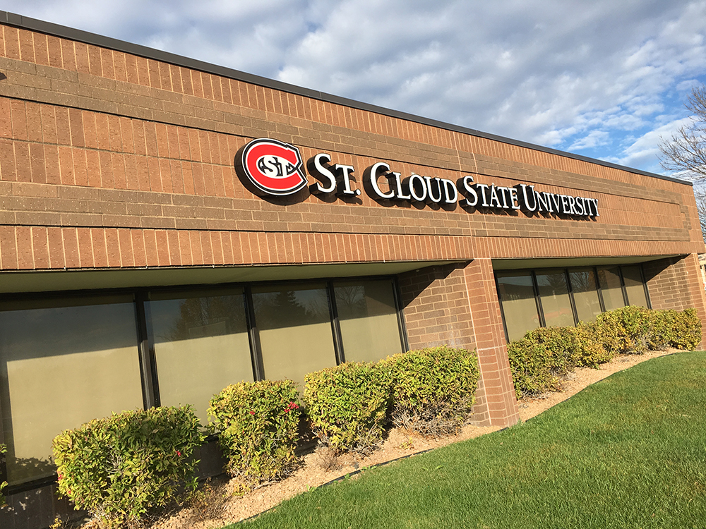 St. Cloud State University text and logo is seen on the outside of the building