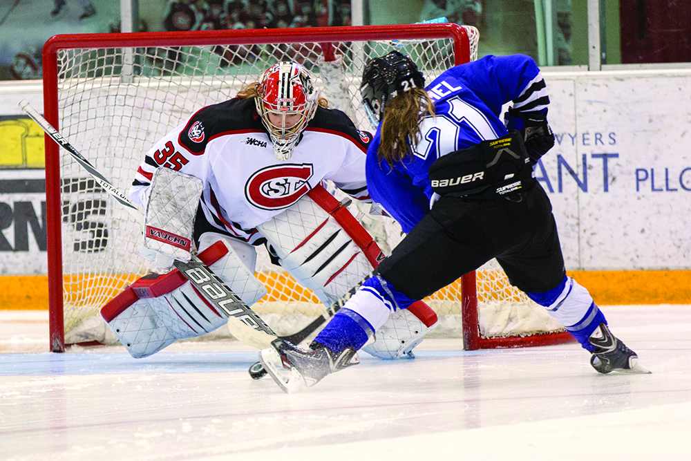 Katie Fitzgerald playing goalie for St. Cloud State