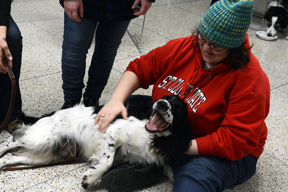 Student petting a dog.