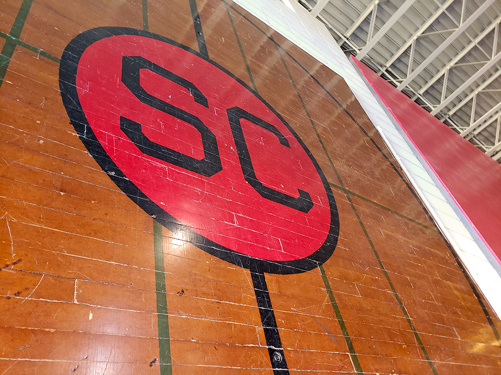 A large section of flooring hanging on a wall with SC in a red circle