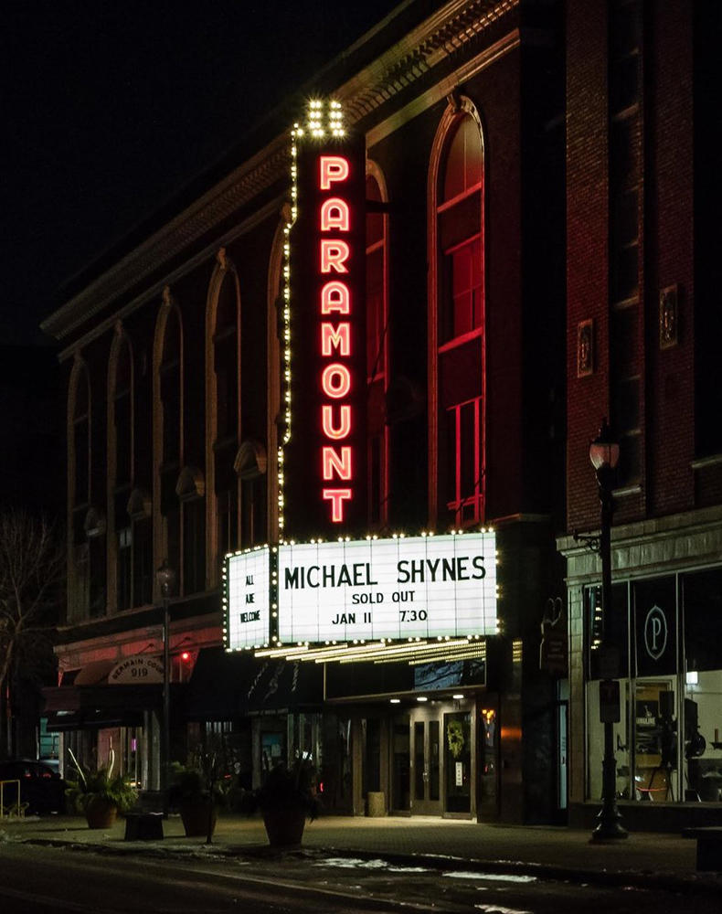 Paramount Theatre sign advertising Michael Shynes' sold out show
