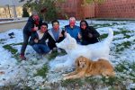 Four people and a dog with a snow dog sculpture