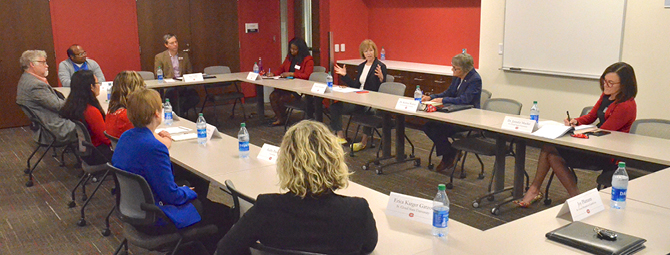  President Robbyn Wacker, Minnesota Senator Tina Smith, St. Cloud State faculty and students and other community partners participated in a round table discussion in Eastman Hall surrounding the topic of mental health and how to explore ways to fill areas of need in mental health services