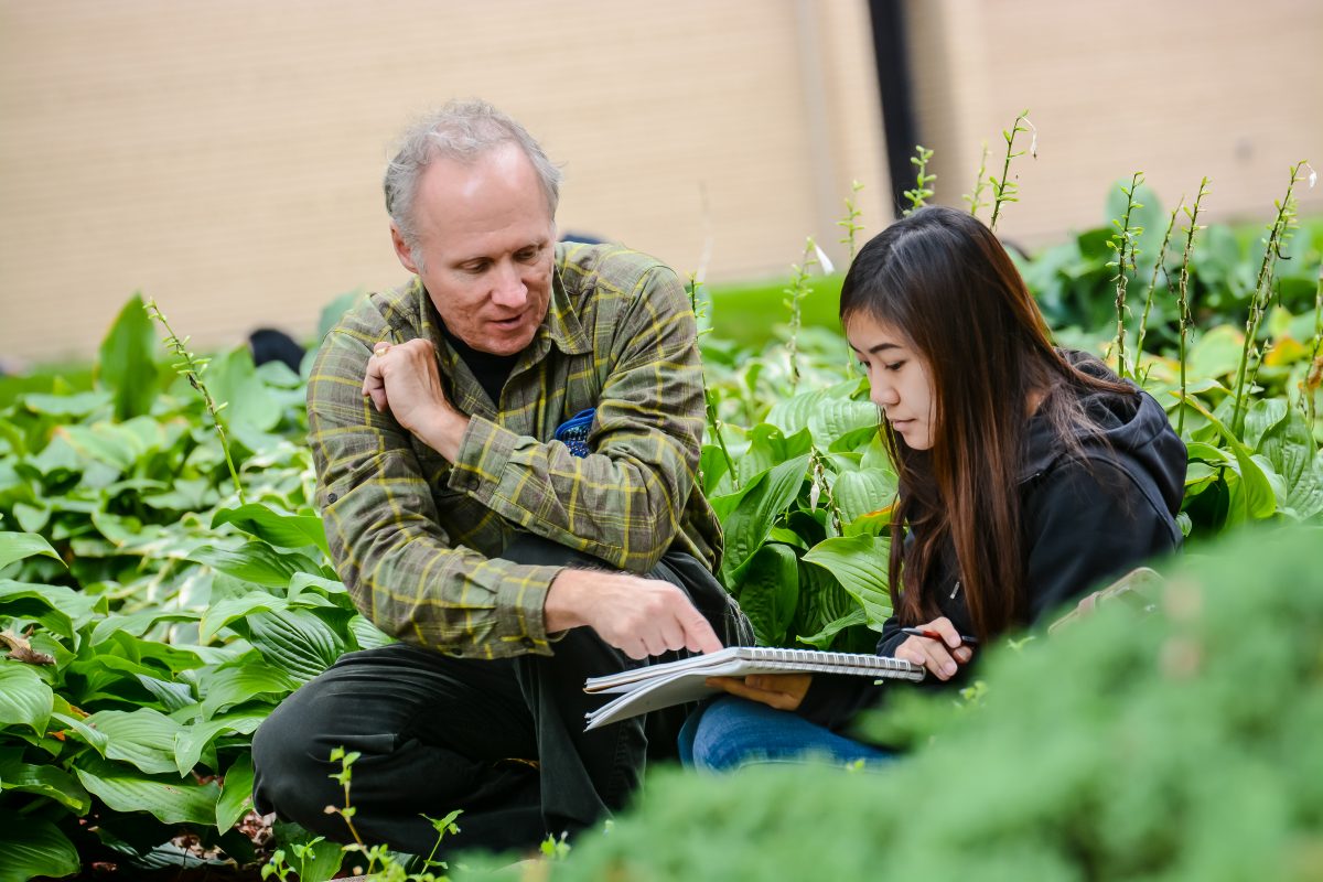 Dr. Bill Gorcica and a student working on a sketch during an outdoors classroom. 
