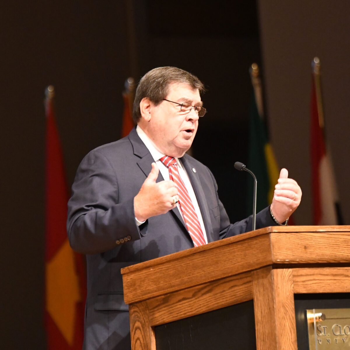 A man in a suit, striped tie and glasses speaks at a podium with country flags visible in the background