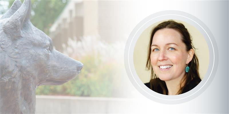 A photo of the Husky Plaza statue head next to a headshot of a woman with brown hair and blue eyes