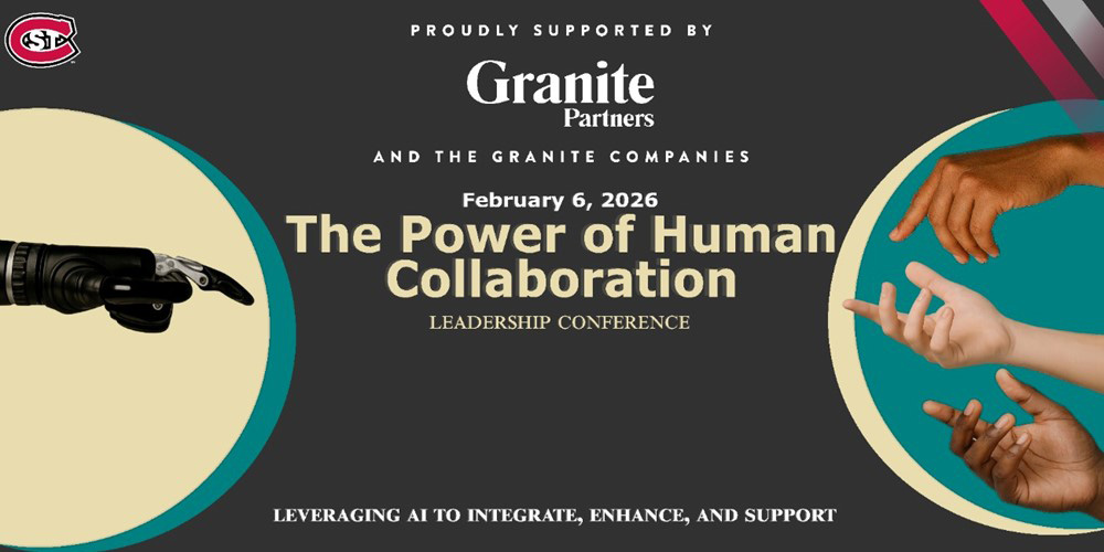 The Power of Human Collaboration Leadership Conference graphic with a robotic hand on one side and three human hands on the other
