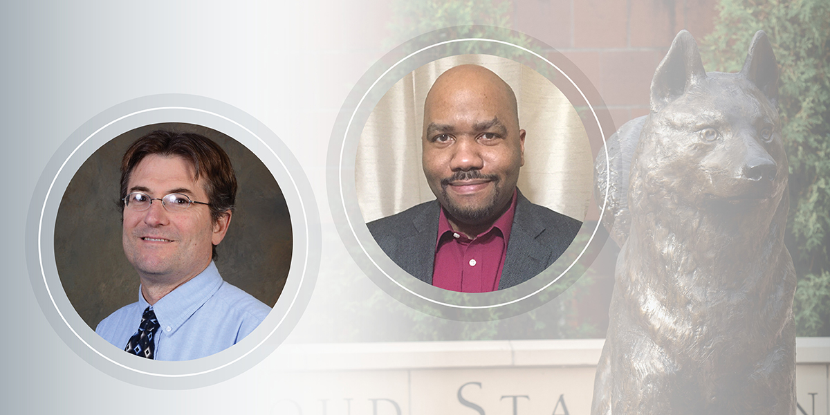 Headshots of Rob Galler and Christopher Lehman are framed in circles next to a photo of the Blizzard statue in Husky Plaza