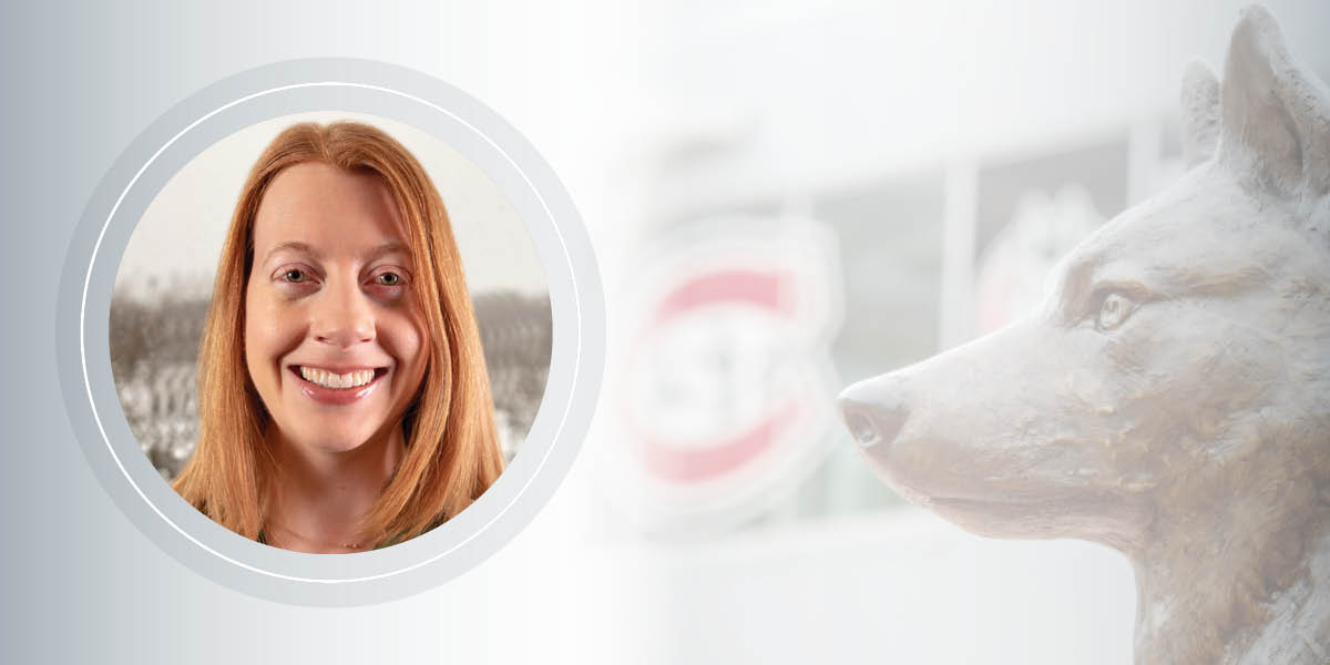 Lynn MacDonald smiles for a headshot next to a photo of the statue in Husky Plaza