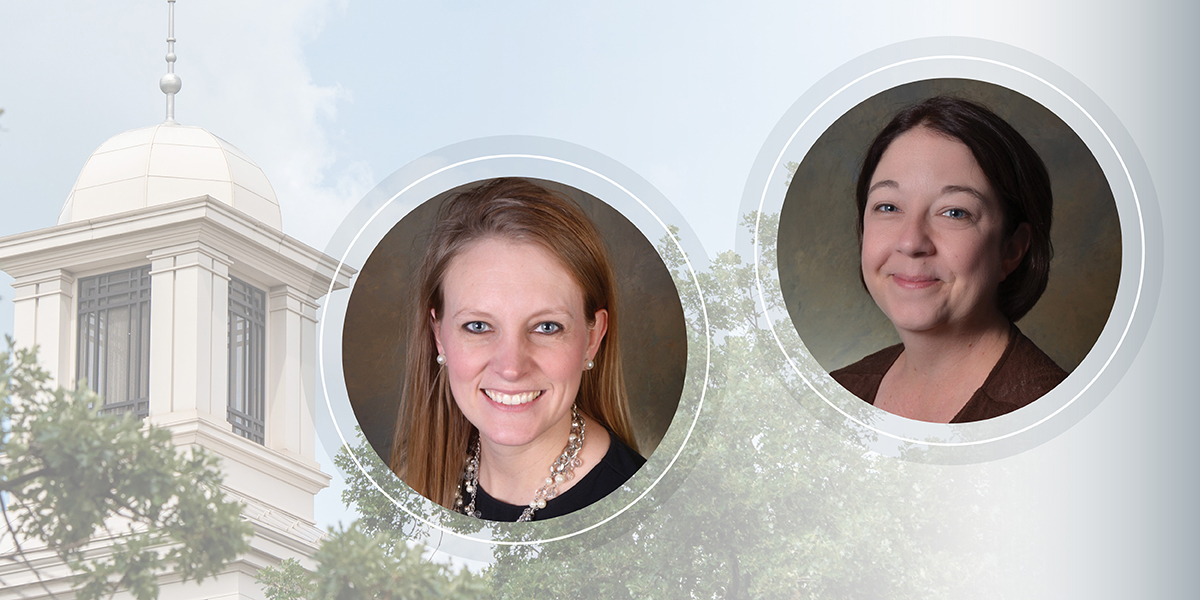 Headshots of Erin McClure and Crystal VanHeuveln in circular frames next to the cupola of Lawrence Hall