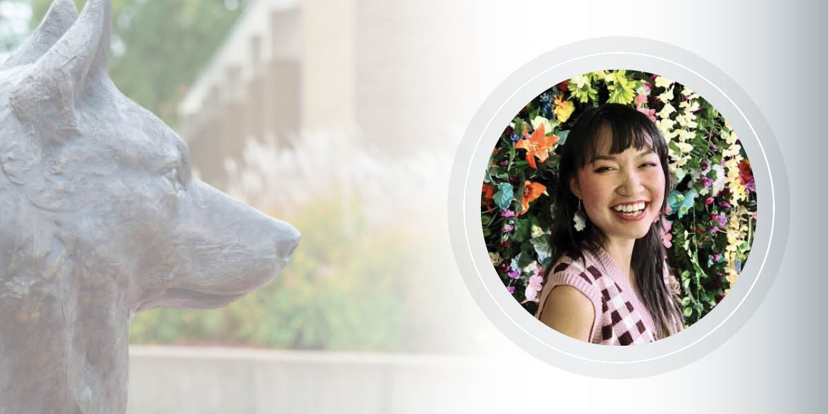 A woman in a checkered sweater stands in front of a wall of flowers smiling in a circular frame, next to a picture of the statue in Husky Plaza