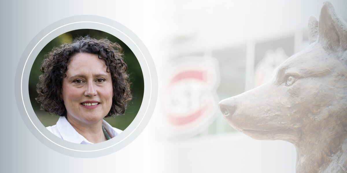 Recognition Portrait of Heather Pieper-Olson with Blizzard statue profile and University Logo
