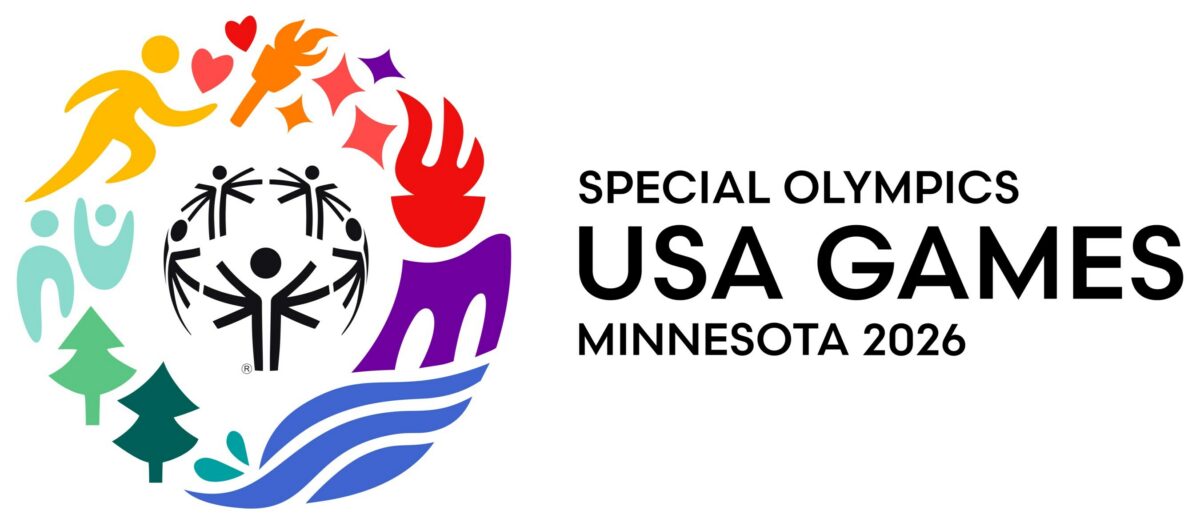 Special Olympics USA Games Minnesota 2026 text next to a multi colored logo of people, rivers and trees