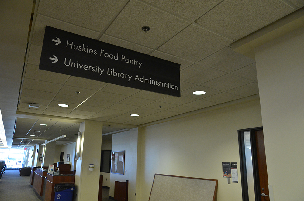 Signage points to the Huskies Food Pantry